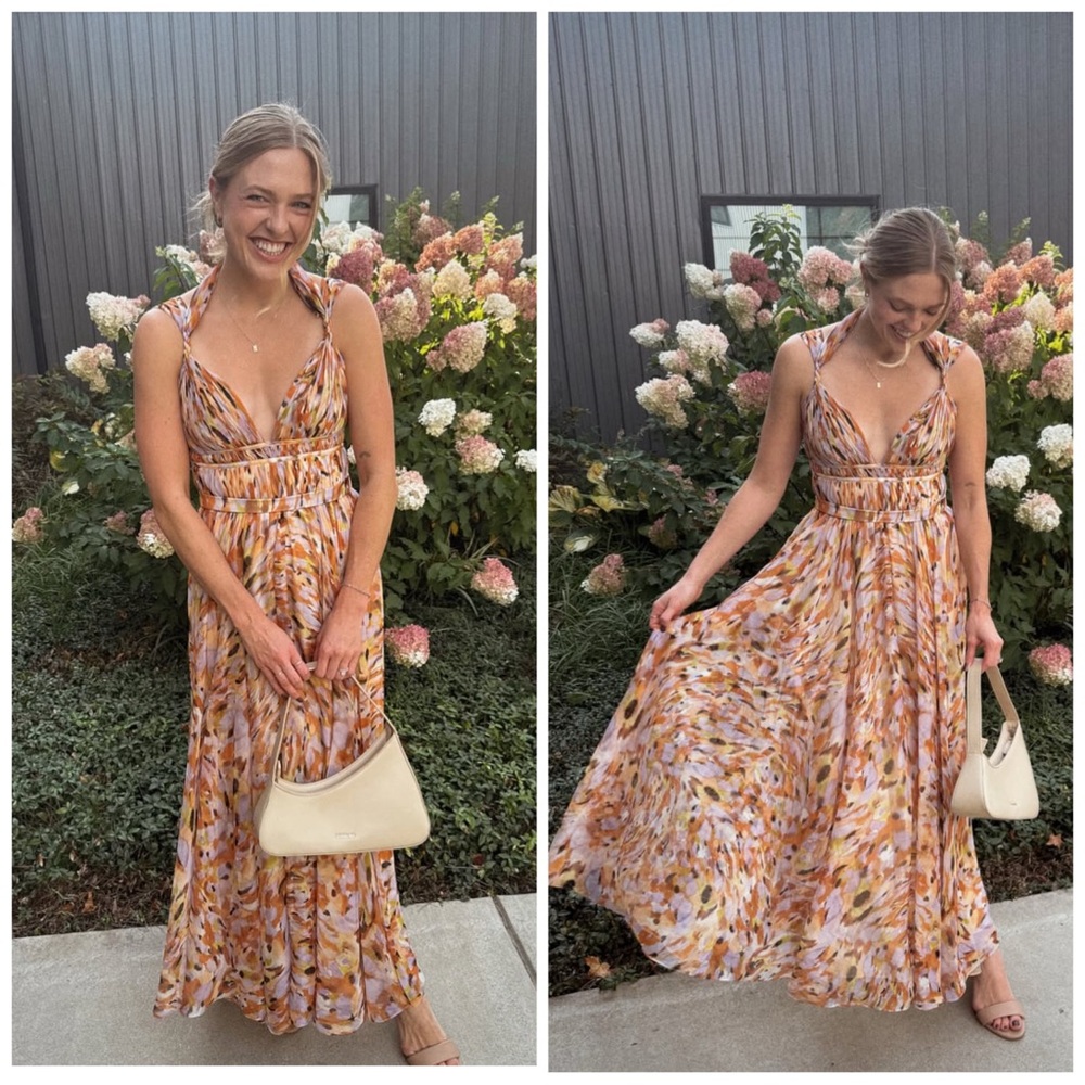 AMUR Neve Pleated Chiffon Dress Midi Orange Purple Size‎ 0